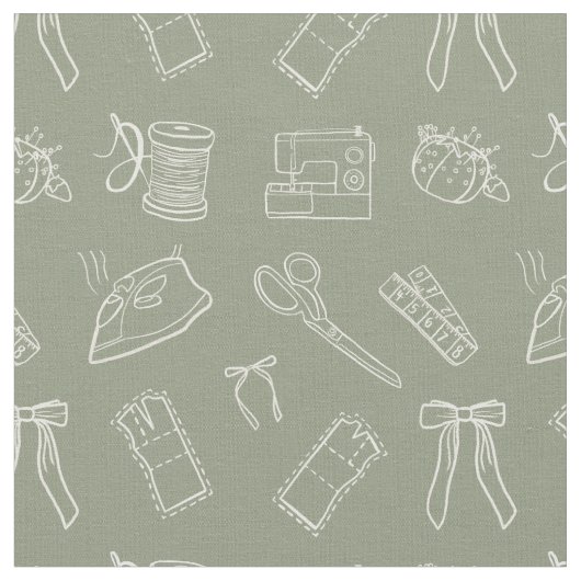 Grey Green Sewing Themed Pattern Stof (Close Up)
