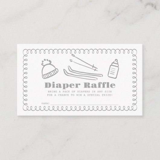 Grey Hand-Drawn Ski Baby Luier Raffle Ticket Informatiekaartje (Voorkant)