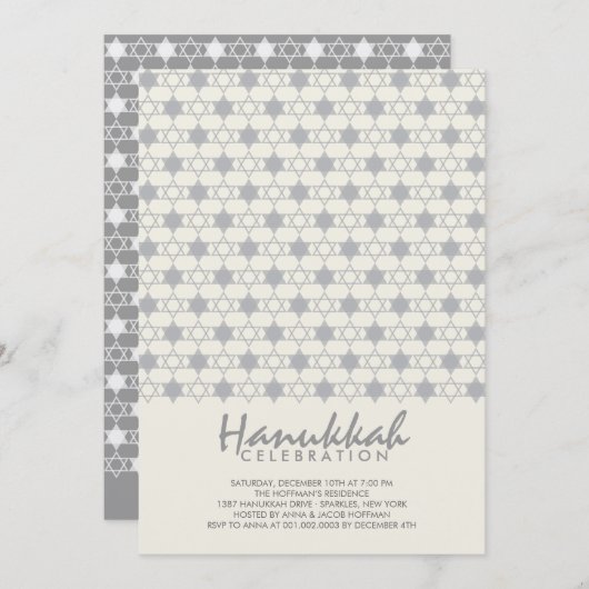 Grey Hanukkah Stars of David Pattern Holiday Party Kaart (Voorkant / Achterkant)