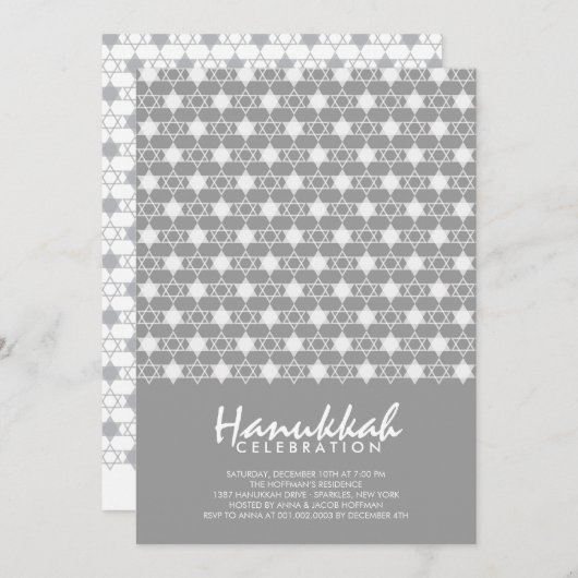 Grey Hanukkah Stars of David Pattern Holiday Party Kaart (Voorkant / Achterkant)