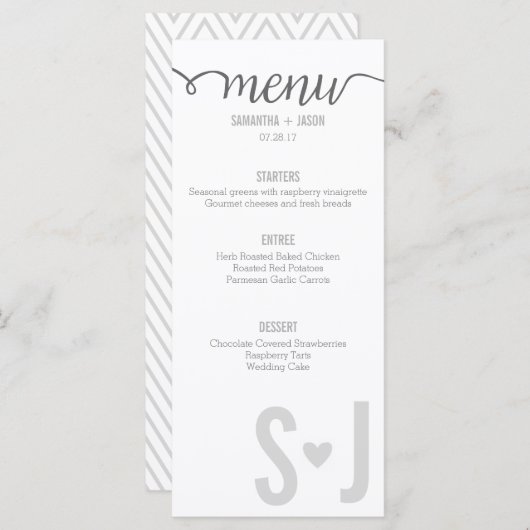 Grey Hearts & Chevron Bold Letters Wedding Menu (Voorkant / Achterkant)