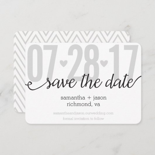 Grey Hearts en Chevron Big Numbers slaan de datum  Save The Date (Voorkant / Achterkant)