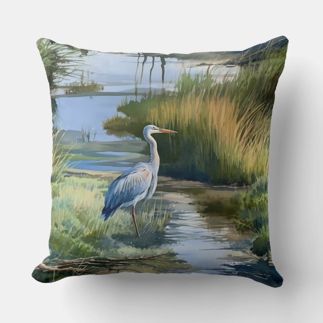 Grey Heron in een Creek Kussen (Voorkant)