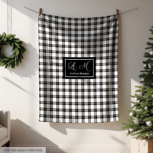 Grey Hues Rustic Black White Plaid Blanket for Him Fleece Deken