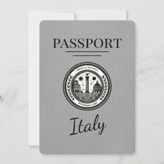 Grey Italy Passport Uitnodiging voor een bruiloft (Achterkant)