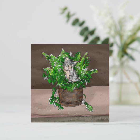 Grey Kitten in Bucket of Catnip Bedankkaart (Staand voorkant)
