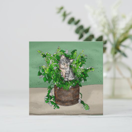 Grey Kitten in Bucket of Catnip Bedankkaart (Staand voorkant)