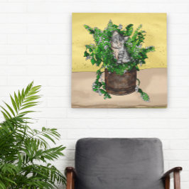Grey Kitten in Bucket of Catnip Canvas Afdruk