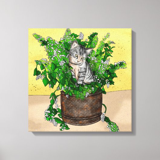 Grey Kitten in Bucket of Catnip Canvas Afdruk (Voorkant)