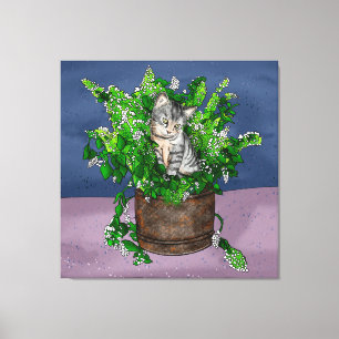 Grey Kitten in Bucket of Catnip Canvas Afdruk