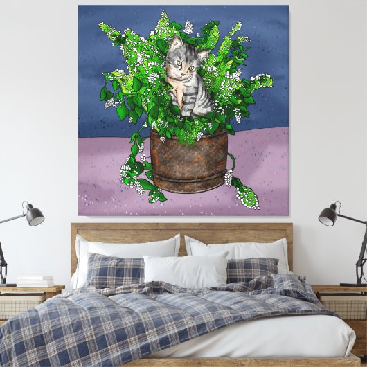 Grey Kitten in Bucket of Catnip Canvas Afdruk (Insitu (Slaapkamer))