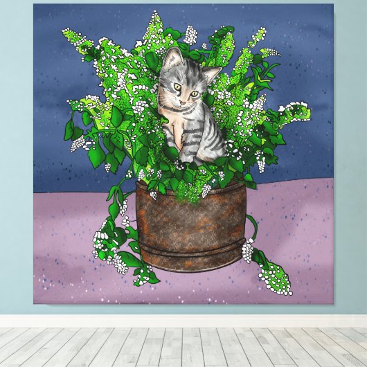 Grey Kitten in Bucket of Catnip Canvas Afdruk (Insitu (Houten vloer))