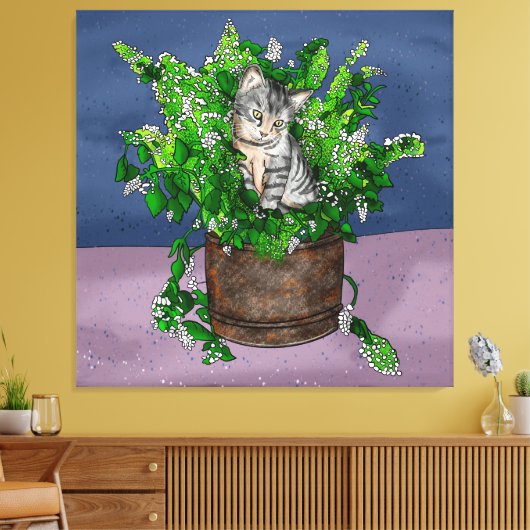 Grey Kitten in Bucket of Catnip Canvas Afdruk (Insitu (Woonkamer))