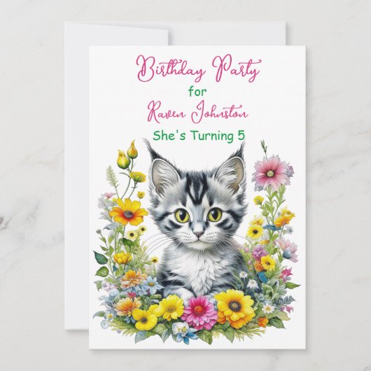 Grey Kitten Theme Floral Girl's Verjaardagsfeest Kaart (Voorkant)