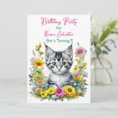 Grey Kitten Theme Floral Girl's Verjaardagsfeest Kaart (Staand voorkant)