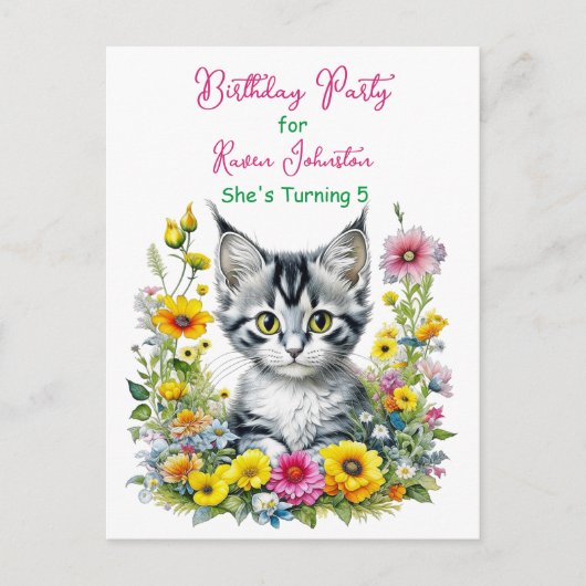 Grey Kitten Theme Girl's Verjaardagsfeestje Uitnod Briefkaart (Voorkant)