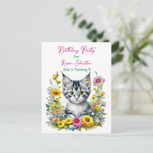 Grey Kitten Theme Girl's Verjaardagsfeestje Uitnod Briefkaart (Staand voorkant)