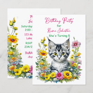 Grey Kitten Theme Girl's Verjaardagsfeestje Uitnod Briefkaart