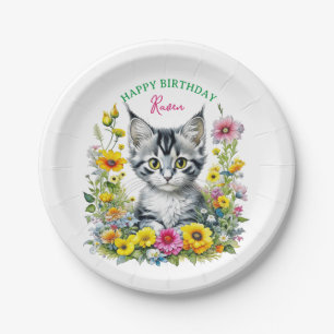 Grey Kitten Theme Girl's Verjaardagsfeestje Uitnod Papieren Bordje