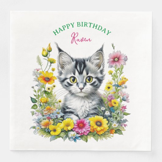 Grey Kitten Theme Girl's Verjaardagsfeestje Uitnod Servet (Voorkant)