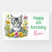 Grey Kitten Theme Girl's Verjaardagsfeestje Uitnod Spandoek (Horizontaal)