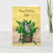 Grey Kitten zit in een Pot Catnip Birthday Kaart (Voorkant)