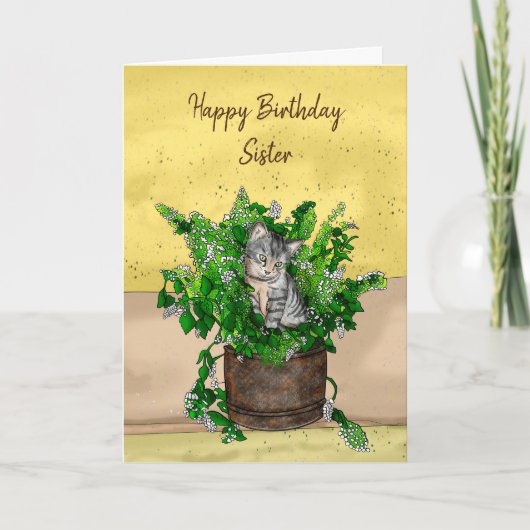 Grey Kitten zit in een Pot Catnip Birthday Kaart (Voorkant)