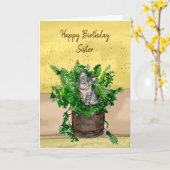 Grey Kitten zit in een Pot Catnip Birthday Kaart (Gele Bloem)