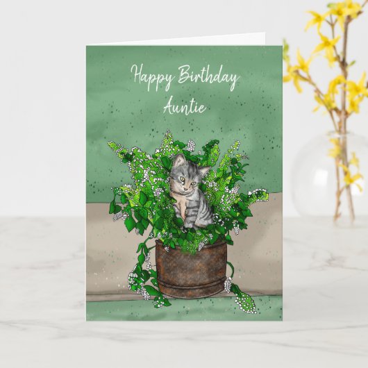 Grey Kitten zit in een Pot Catnip Birthday Kaart (Gele Bloem)