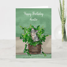 Grey Kitten zit in een Pot Catnip Birthday