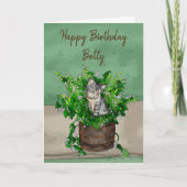 Grey Kitten zit in een Pot Catnip Birthday Kaart (Voorkant)