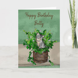 Grey Kitten zit in een Pot Catnip Birthday Kaart