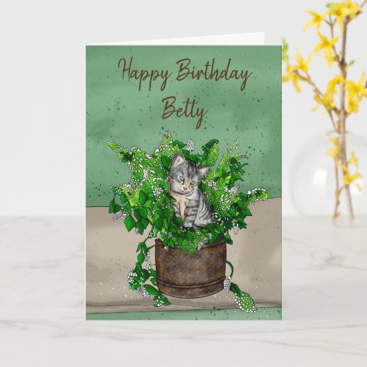 Grey Kitten zit in een Pot Catnip Birthday Kaart (Gele Bloem)