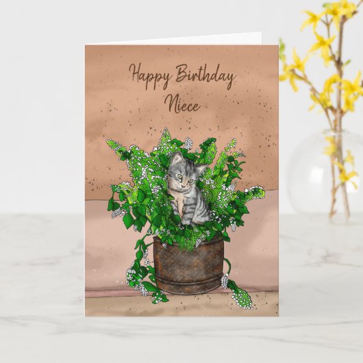 Grey Kitten zit in een Pot Catnip Birthday Kaart (Gele Bloem)