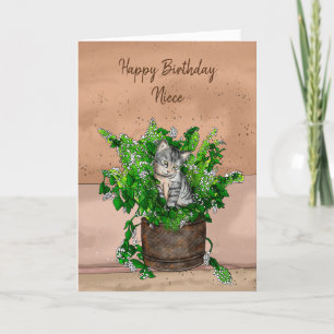 Grey Kitten zit in een Pot Catnip Birthday Kaart