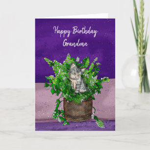 Grey Kitten zit in een Pot Catnip Birthday Kaart
