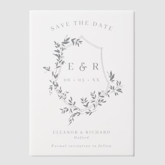 Grey Leafy Crest Monogram Bewaar de datum Vellum Uitnodigingen (Voorkant)