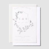 Grey Leafy Crest Monogram Bewaar de datum Vellum Uitnodigingen (Offset)