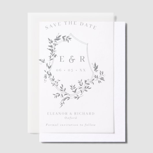 Grey Leafy Crest Monogram Bewaar de datum Vellum Uitnodigingen (Offset)