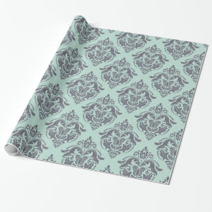 Grey & Light Green Floral Damaskers Cadeaupapier