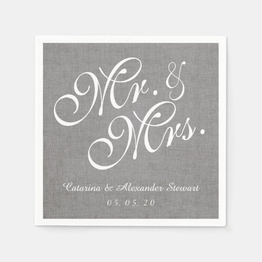 Grey Linen Mr. en Mrs. Wedding Paper Napkins Servet (Voorkant)