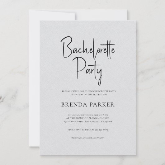 Grey Linen Simple Black Script Bachelorette Party Kaart (Voorkant)