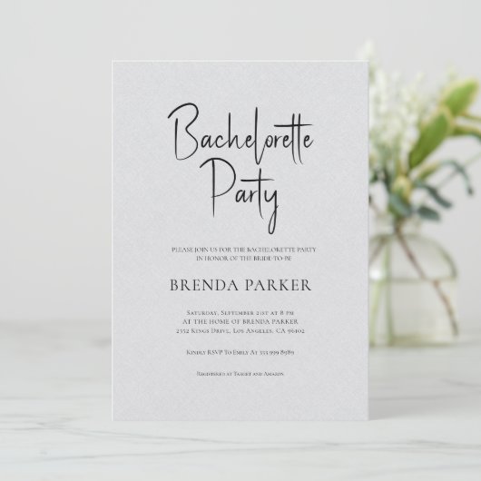 Grey Linen Simple Black Script Bachelorette Party Kaart (Staand voorkant)