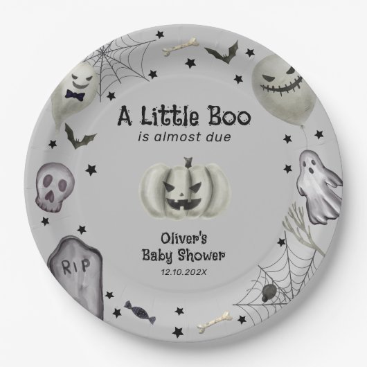 Grey Little Boo Ghost Halloween Boy Baby shower Papieren Bordje (Voorkant)