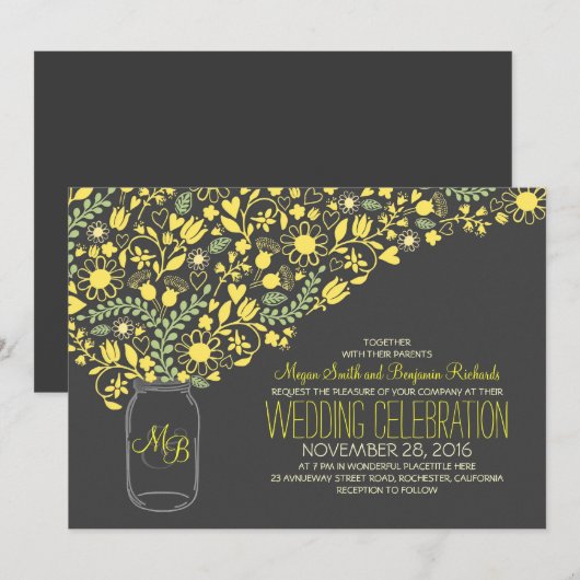 Grey Mason Jar Yellow Flowers Uitnodiging voor de (Voorkant / Achterkant)