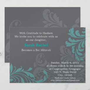 Grey Metalic Damask - blauwe uitnodiging