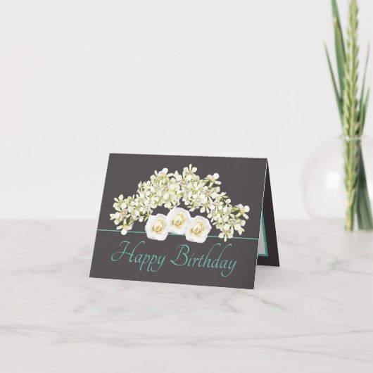 Grey Mint Boeket Orchids Rozen Happy Birthday Kaart (Voorkant)