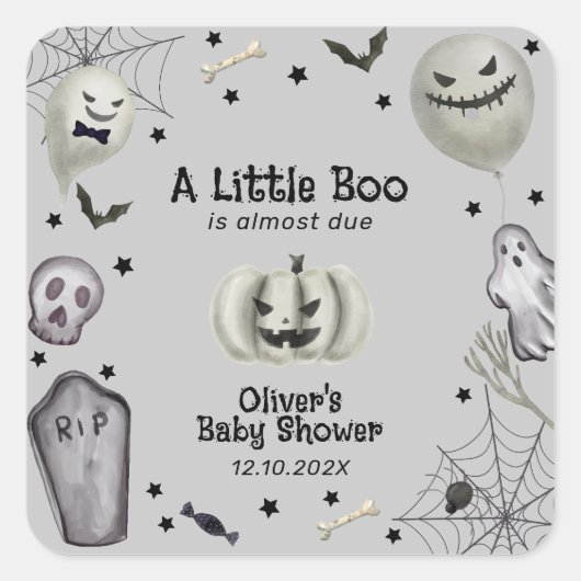 Grey Modern Little Boo Ghost Boy Baby shower Vierkante Sticker (Voorkant)