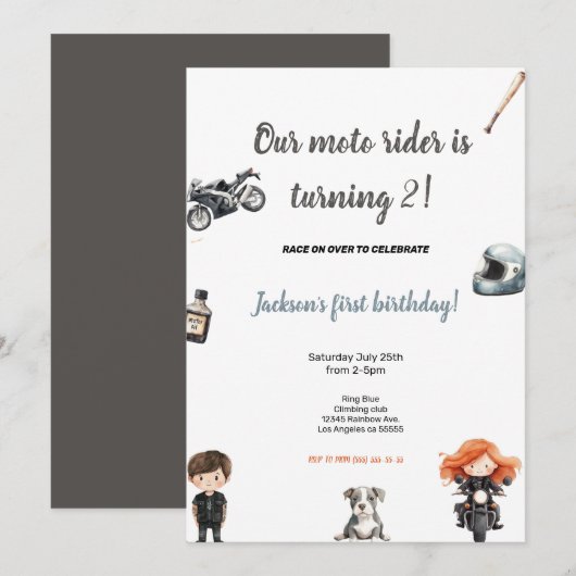 GREY MOTO RIDERS BIRTHDAY PARTY INVITATION KAART (Voorkant / Achterkant)