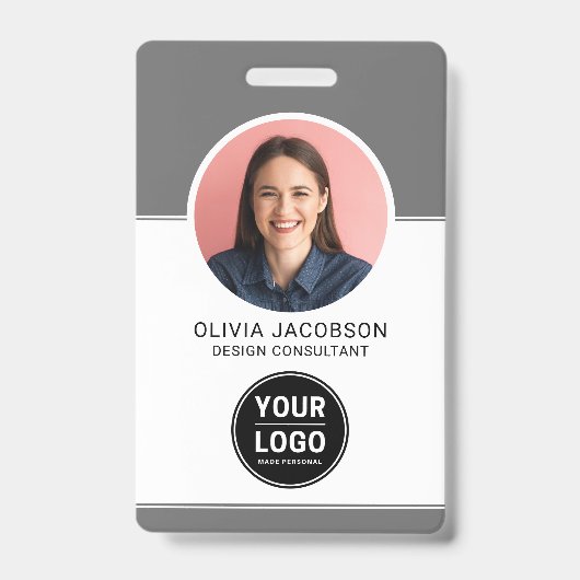 Grey Neutral Modern Company Employee Photo QR ID Badge (Front)